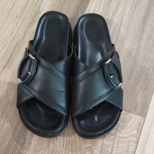 Black Slide Sandals with Buckle